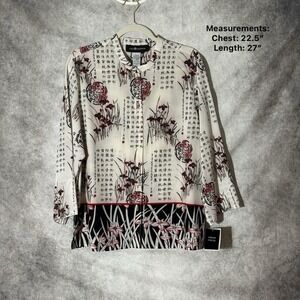 Sag‎ Harbor Asian Oriental Chinese Script Print Blouse Red Floral Button Front M